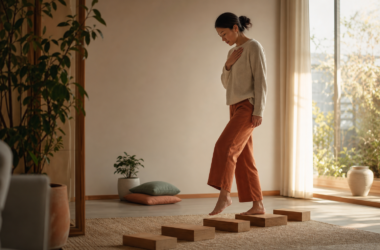 A woman taking gentle steps across wooden blocks in warm morning light