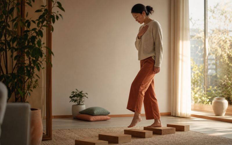 A woman taking gentle steps across wooden blocks in warm morning light