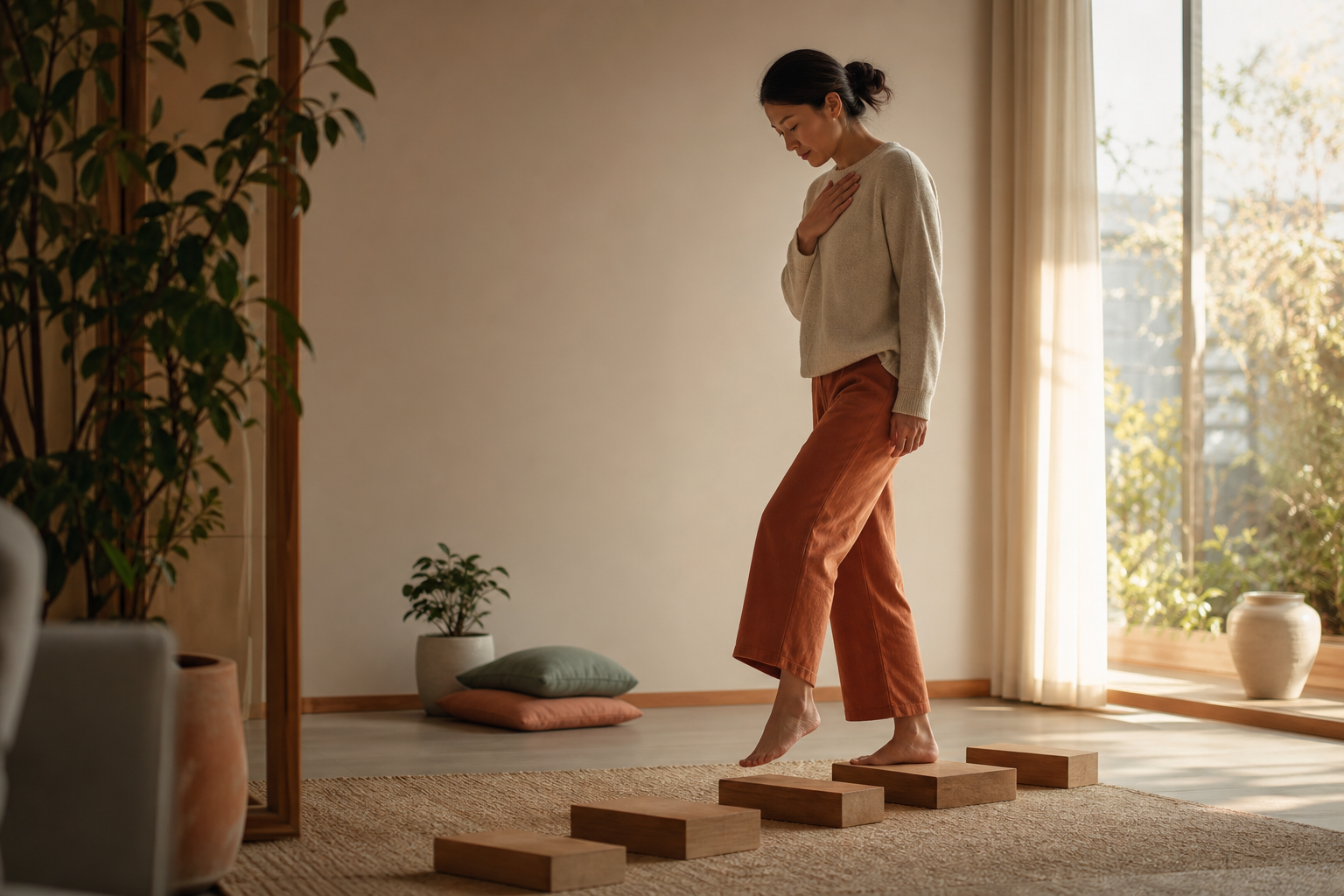 A woman taking gentle steps across wooden blocks in warm morning light