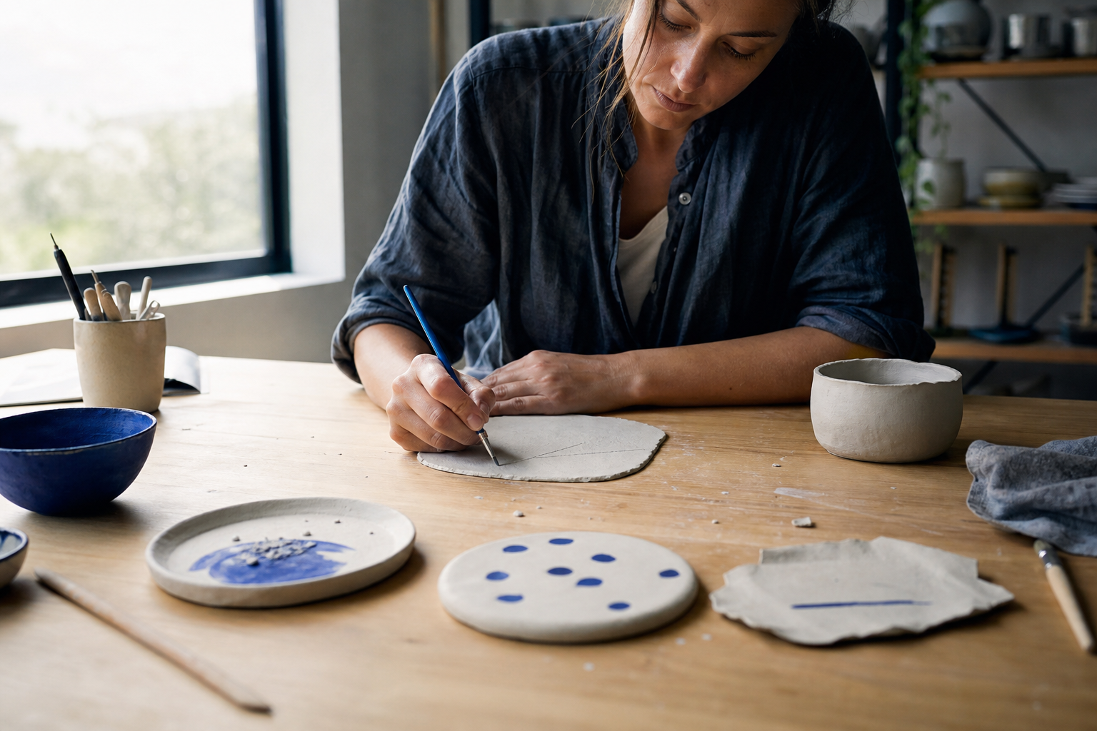 A woman beginning an imperfect handmade ceramic piece at a bright worktable