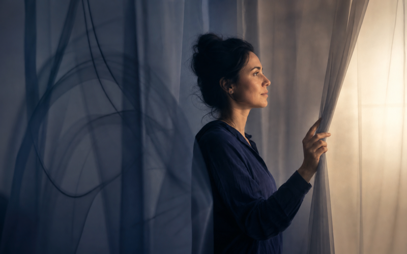 A thoughtful woman parting translucent curtains and looking toward warm light