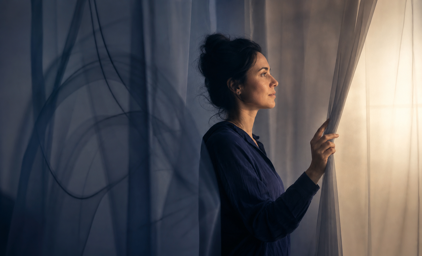 A thoughtful woman parting translucent curtains and looking toward warm light