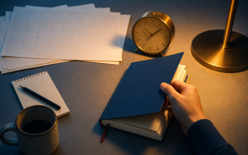 A hand opening a notebook beside a clock under blue and amber evening light