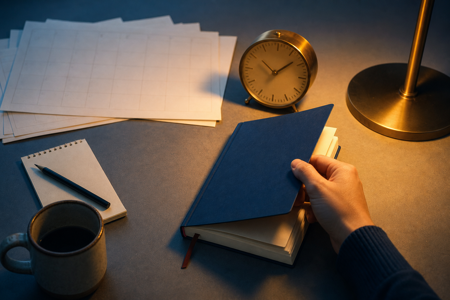 A hand opening a notebook beside a clock under blue and amber evening light