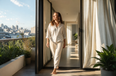 A woman stepping through an open doorway into clear morning light