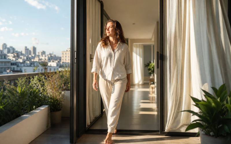 A woman stepping through an open doorway into clear morning light