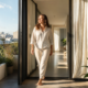 A woman stepping through an open doorway into clear morning light