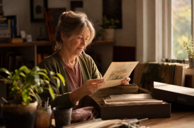 A mature woman rediscovering an unfinished artwork in a sunlit studio