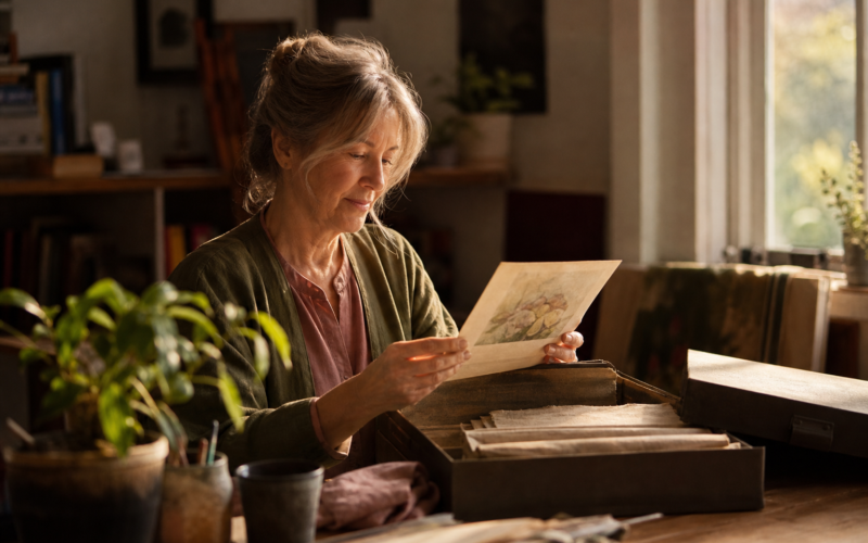 A mature woman rediscovering an unfinished artwork in a sunlit studio