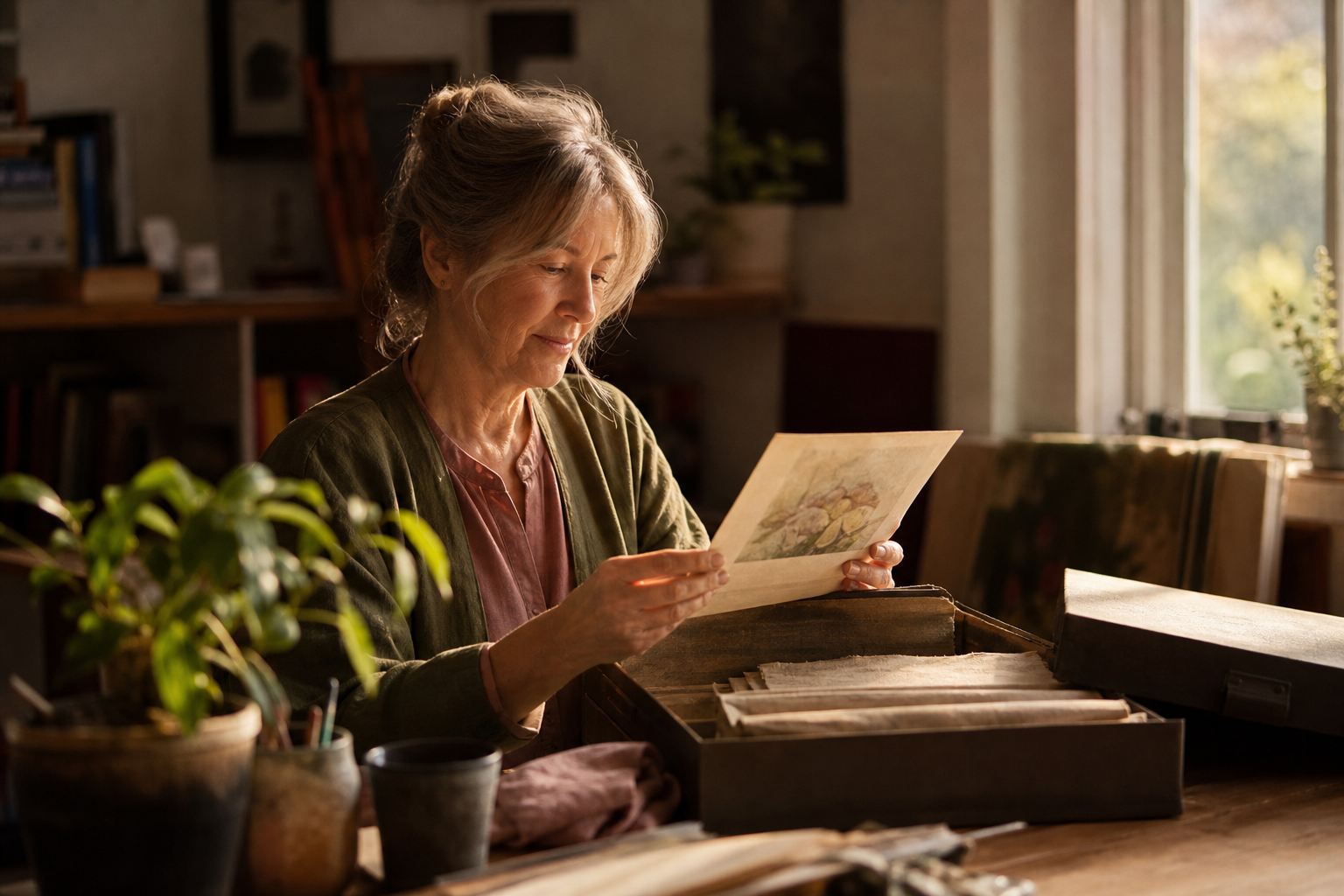 A mature woman rediscovering an unfinished artwork in a sunlit studio