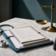 Patient records, a stethoscope, a voice recorder, and legal scales on a desk