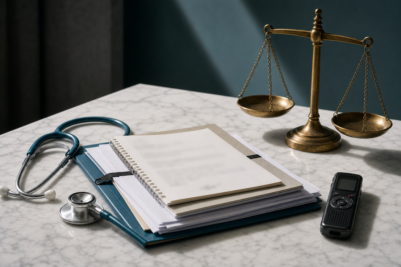 Patient records, a stethoscope, a voice recorder, and legal scales on a desk