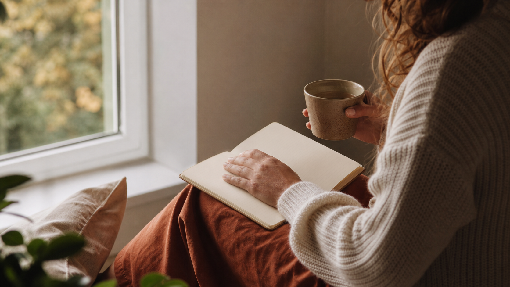 A person reflects beside a window with a journal and warm tea, representing a thoughtful connection to personal motivation.