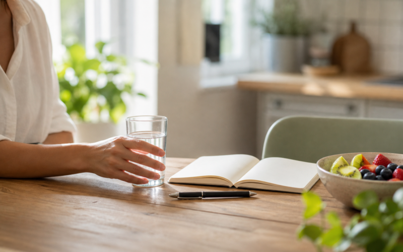 A hand reaches for water beside fresh fruit and an open journal in a bright home kitchen, representing practical daily healthy habits.