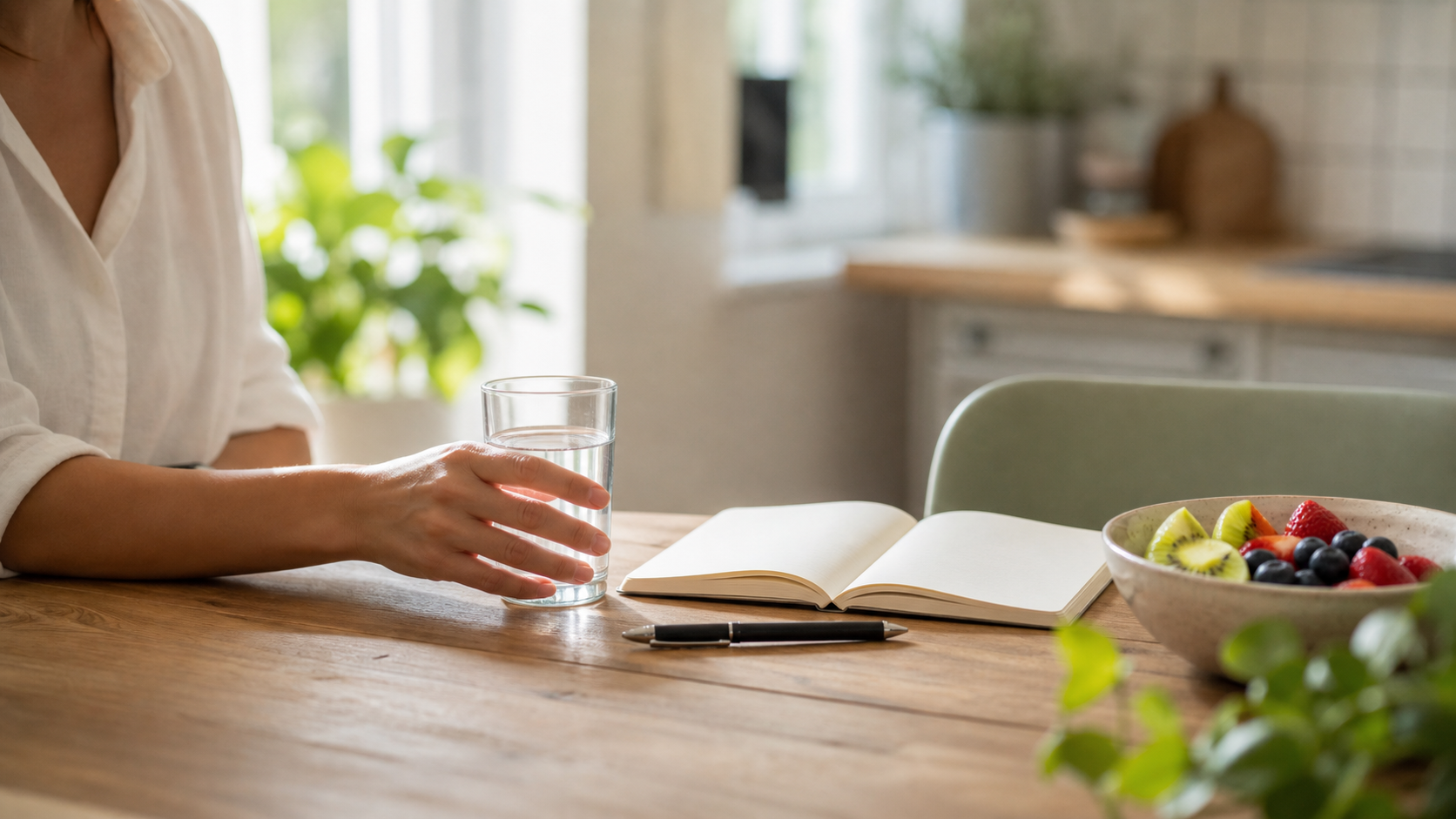 A hand reaches for water beside fresh fruit and an open journal in a bright home kitchen, representing practical daily healthy habits.