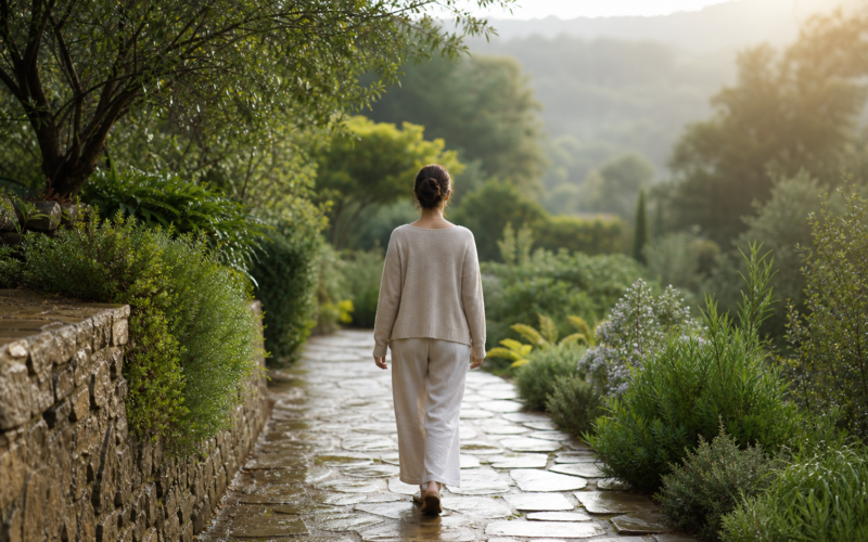 A person walks along a rain-washed garden path surrounded by new green growth, representing patient progress and grace.