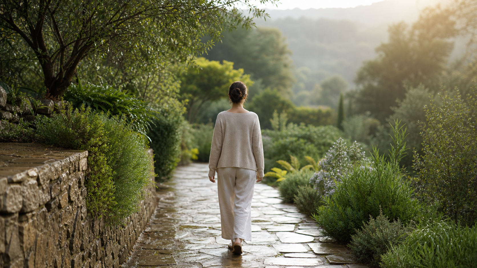 A person walks along a rain-washed garden path surrounded by new green growth, representing patient progress and grace.