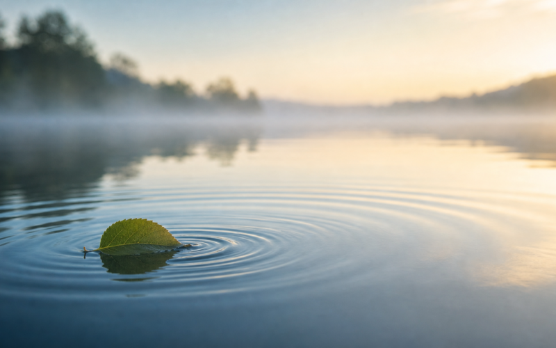 A small leaf creates gentle widening ripples across calm water at dawn, representing the positive effect of small changes.