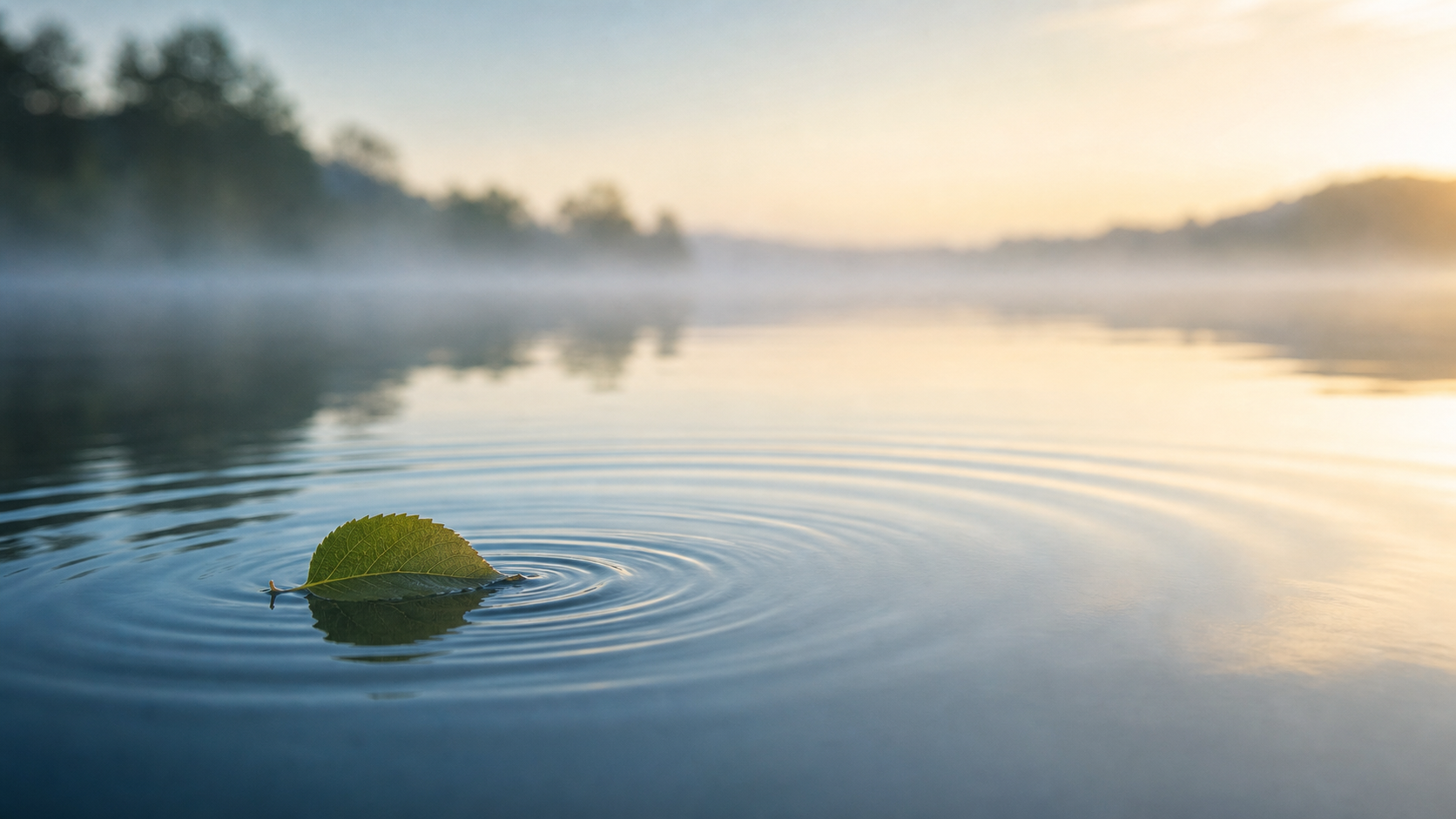 A small leaf creates gentle widening ripples across calm water at dawn, representing the positive effect of small changes.