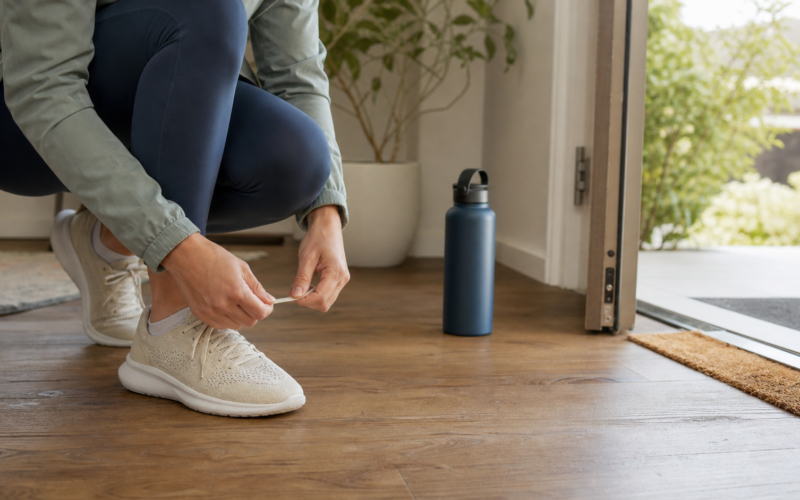 A person ties walking shoes beside an open doorway in the morning, representing a kind and confident first step toward healthy habits.