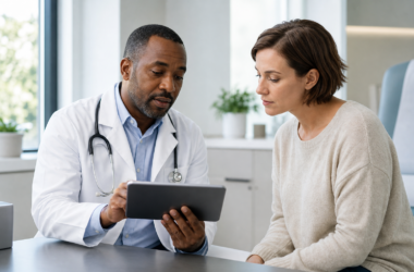 Doctor and patient reviewing an electronic health record together