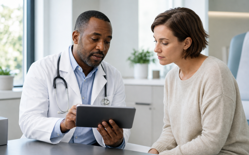 Doctor and patient reviewing an electronic health record together