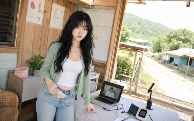 Aver sets up a rural telehealth visit with a laptop doctor call, blood pressure monitor, and home care notebook
