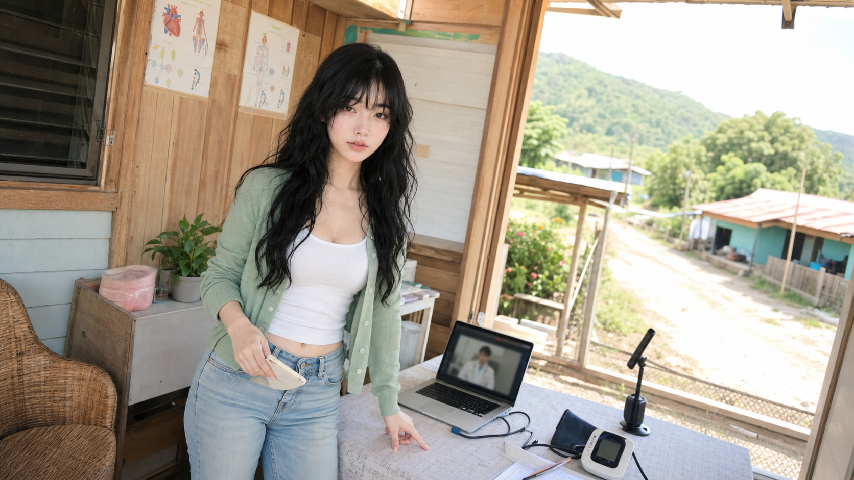 Aver sets up a rural telehealth visit with a laptop doctor call, blood pressure monitor, and home care notebook