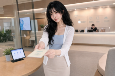 Aver hands a consent card in a digital health consultation lounge focused on patient trust and privacy