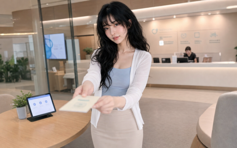 Aver hands a consent card in a digital health consultation lounge focused on patient trust and privacy