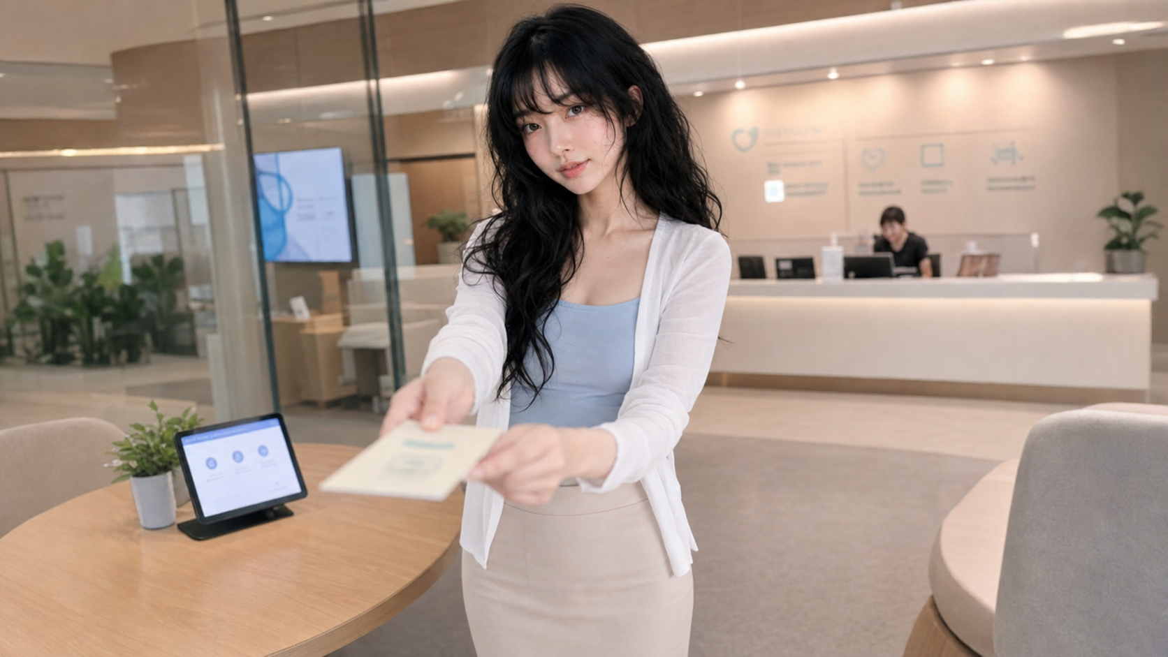 Aver hands a consent card in a digital health consultation lounge focused on patient trust and privacy