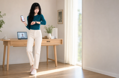 Aver checks a smartwatch and health app in a home workspace for 2025 digital health trends
