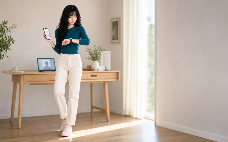 Aver checks a smartwatch and health app in a home workspace for 2025 digital health trends