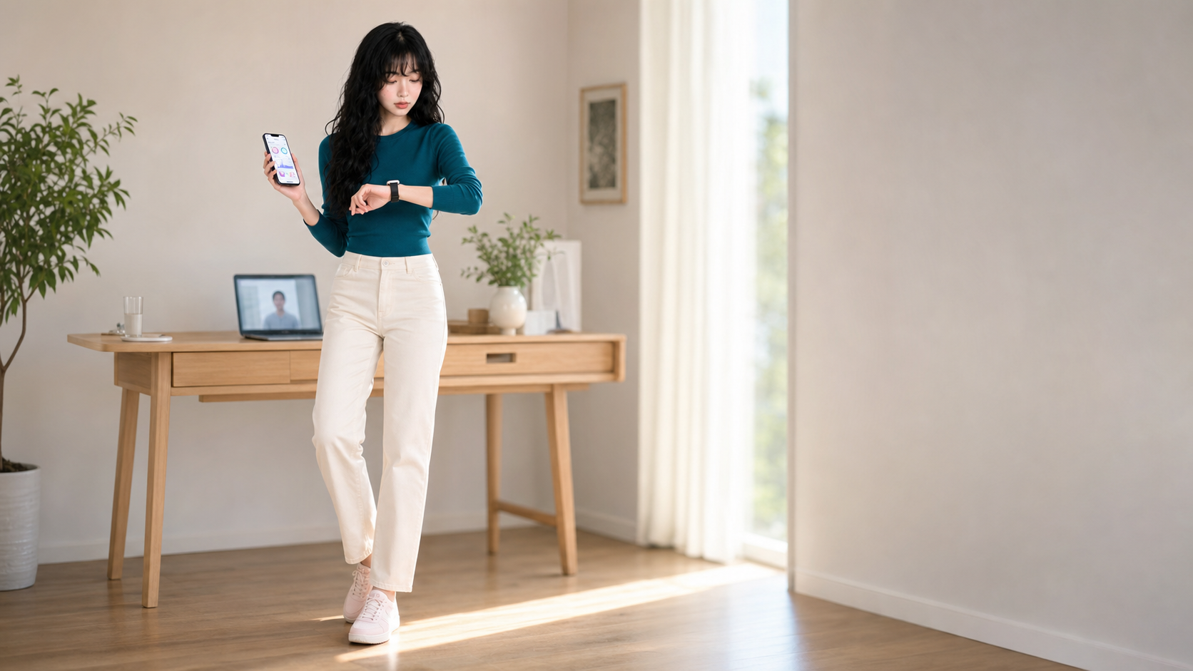 Aver checks a smartwatch and health app in a home workspace for 2025 digital health trends