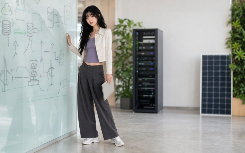 Aver in an eco-conscious healthcare data office with green server infrastructure and abstract data storage diagrams