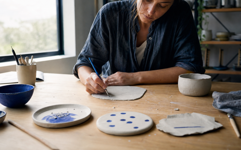 A woman beginning an imperfect handmade ceramic piece at a bright worktable