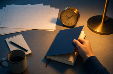 A hand opening a notebook beside a clock under blue and amber evening light