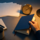 A hand opening a notebook beside a clock under blue and amber evening light