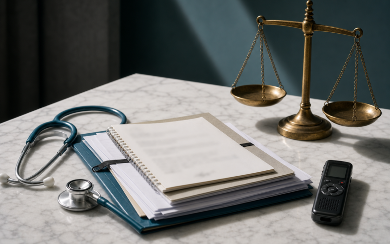 Patient records, a stethoscope, a voice recorder, and legal scales on a desk