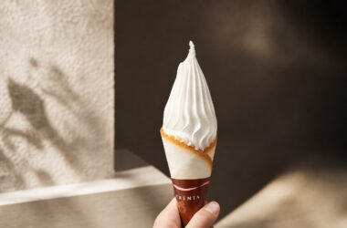 Cremia premium Japanese soft-serve ice cream in a langue de chat cookie cone