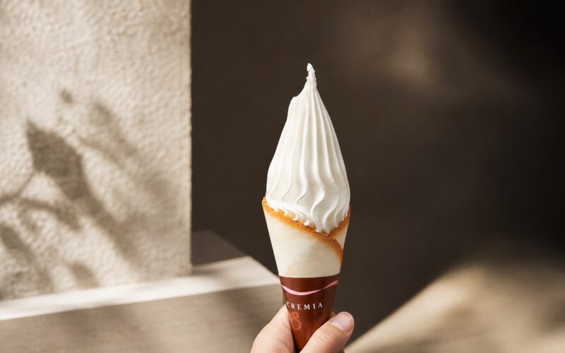 Cremia premium Japanese soft-serve ice cream in a langue de chat cookie cone