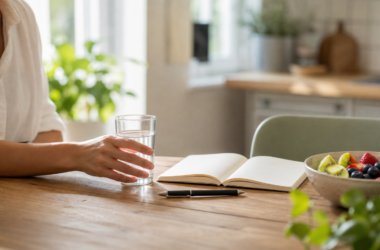 A hand reaches for water beside fresh fruit and an open journal in a bright home kitchen, representing practical daily healthy habits.
