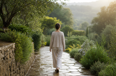 A person walks along a rain-washed garden path surrounded by new green growth, representing patient progress and grace.
