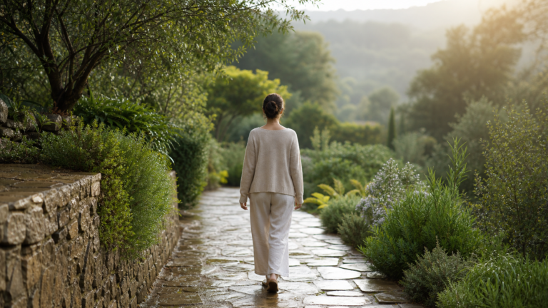 A person walks along a rain-washed garden path surrounded by new green growth, representing patient progress and grace.