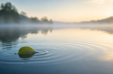 A small leaf creates gentle widening ripples across calm water at dawn, representing the positive effect of small changes.