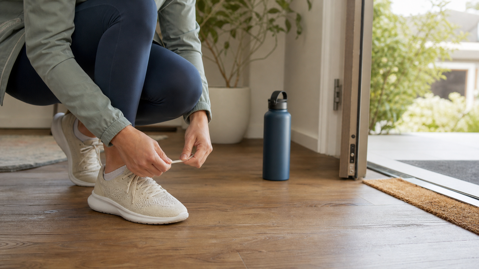 A person ties walking shoes beside an open doorway in the morning, representing a kind and confident first step toward healthy habits.